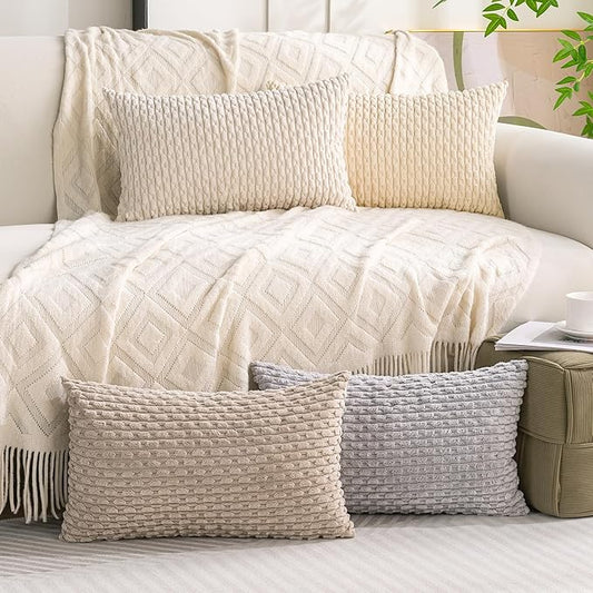 Set of 4 Neutral Decorative Throw Pillow Covers 12x20 Inch Corduroy Pillow Covers for Bed Couch Sofa Living Room Soft Cushion Cases