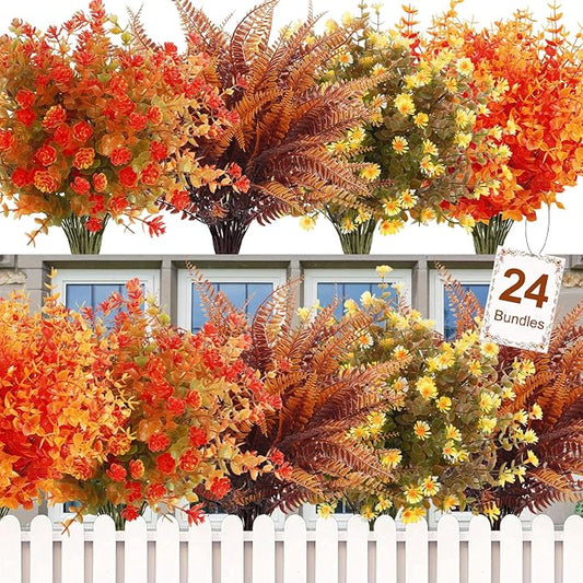 Ouddy Decor 24 Bundles Artificial Fall Flowers for Outdoor Decoration UV Resistant Fake Mums Plants Faux Boston Fern for Indoor Outdoor Garden Window Box Patio Fireplace Autumn Harvest Home Decor