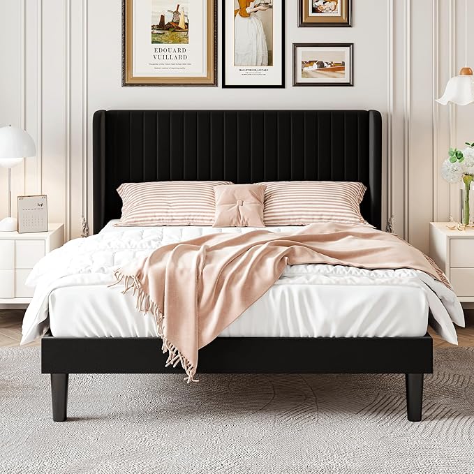 SHA CERLIN Queen Size Velvet Bed Frame with Vertical Channel Tufted Wingback Headboard, Upholstered Platform Bed with Wood Slats, No Box Spring Needed, Easy Assembly, Black