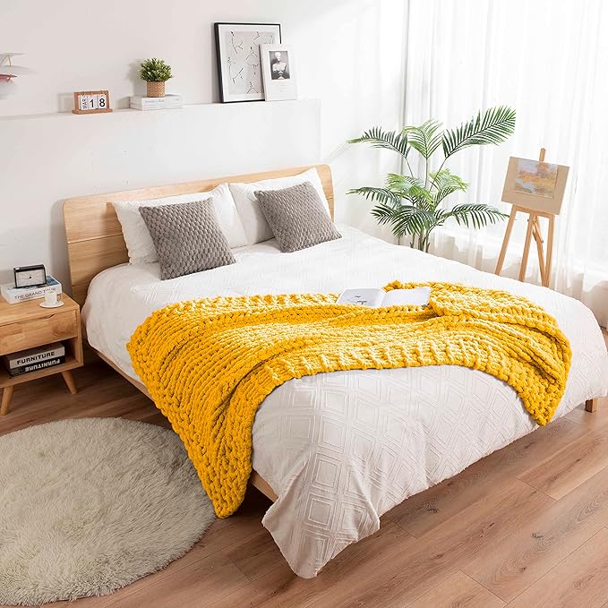 clootess Chunky Knit Blanket Knitted Throw Crochet Chenille Yarn Woven for Bed Sofa Textured Thick Cable Decor (Turmeric 40x60 in)