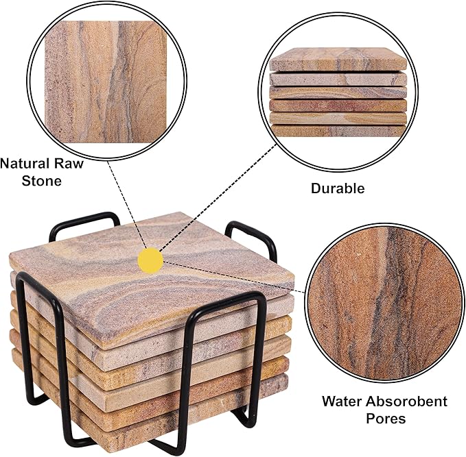 Sandstone Water Absorbent Hand Crafted Round Coasters for Drinks - 4 Inches Wide Thirsty Stone Bar, Drink Coasters- Made from Rainbow Sandstone (Design 5)
