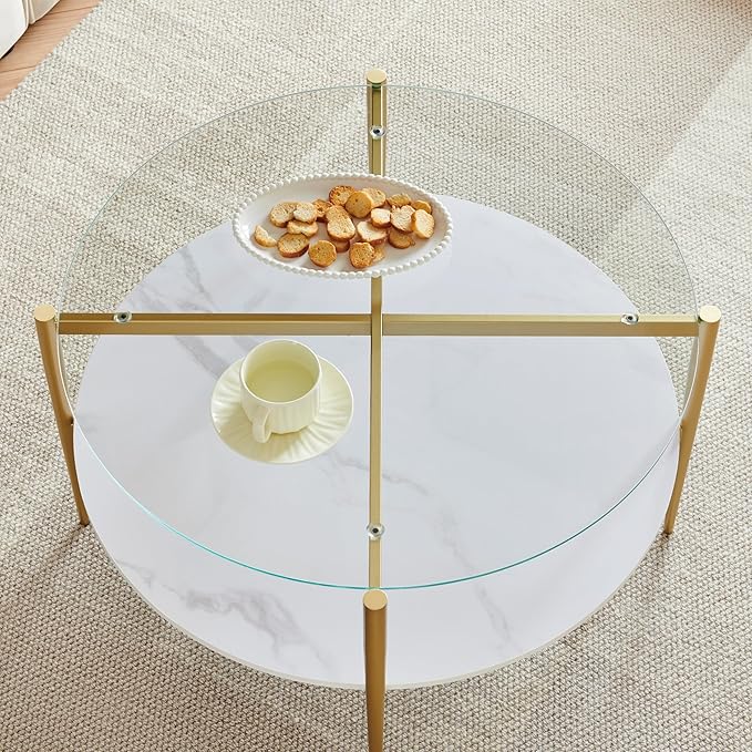 Shrine Modern Coffee Table with Glass Top, Round Table for Living Room, Two-Tier 30-Inch White Wooden Storage Coffee Table, Gold Table Legs Structure & Clear Glass Top