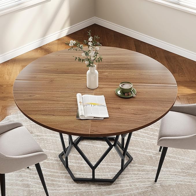 IDEALHOUSE 47 Inch Round Dining Table, Farmhouse Dining Kitchen Table for 4-6 People, Kitchen & Dining Room Tables, Circle Kitchen Table for Kitchen, Dining Room, Living Room, Brown