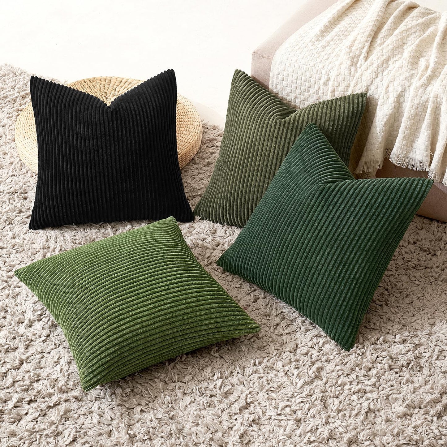 MIULEE Boho Farmhouse Throw Pillow Covers 18x18 Inch Set of 4 Mordern Neutral Green Cushion Covers Soft Corduroy Nordic Home Decor for Spring Couch Bed Sofa Living Room Green-Black