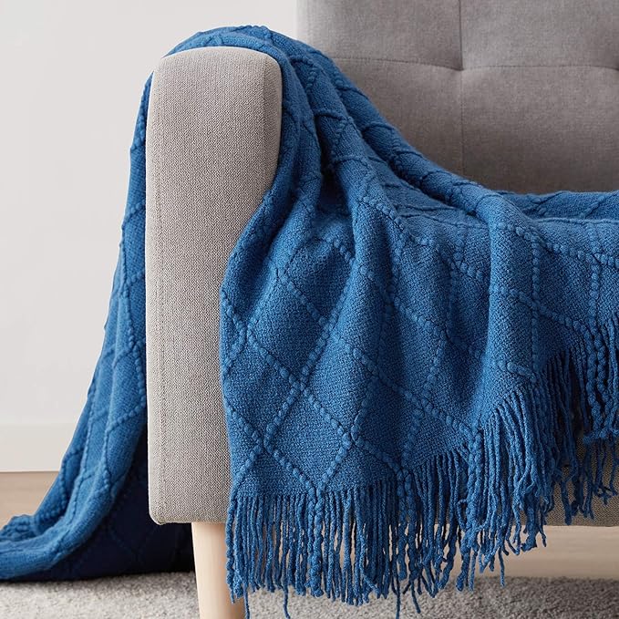 BOURINA Royal Blue Throw Blanket 50x60 Inches Throw Textured Solid Soft Sofa Couch Decorative Knit Blanket
