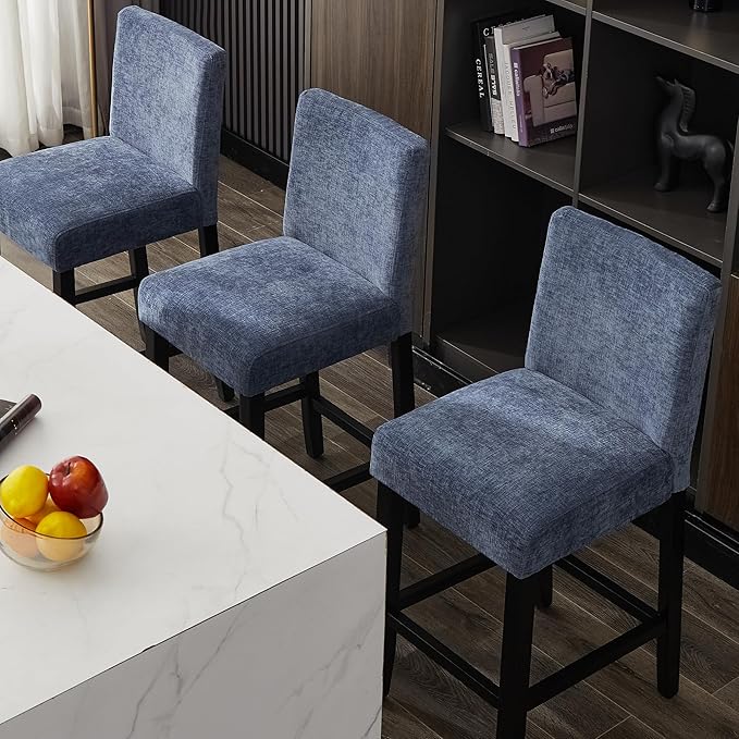 26'' Velvet Chenille Bar Stools Set of 3, Modern Upholstered Bar Height Bar Chairs, Soild Wood Legs Barstools with Back, Blue