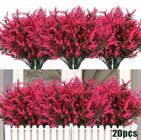 Artificial Plants Outdoor Artificial Lavender Flowers 20 Bundles Outdoor UV Resistant Fake Flowers No Fade Faux Plastic Plants Garden Porch Window Box Decorating,Spring Decorations for Home(Pink)