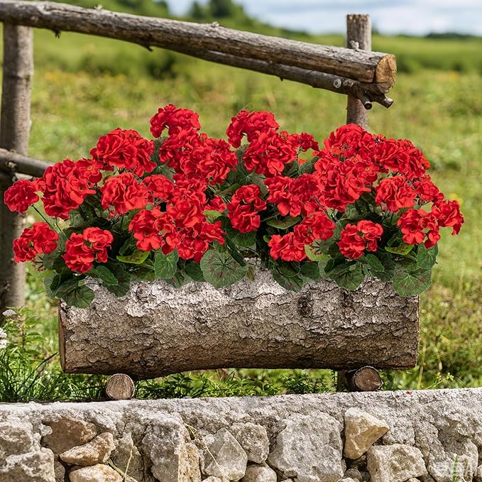 Plastic Flowers for Outdoors Home Decor Fake Plants Artificial Flowers Artificial Geraniums Outdoor Fake Flowers Silk Bouquet, Fall Decoration for Interior Porch Garden Decor(Red) 8PCS 14.4"