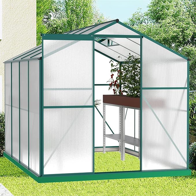 6x8 FT Polycarbonate Greenhouse, with Sliding Door and Adjustable Roof, Heavy Duty Walk-in Greenhouse Aluminum Sunroom Hot House for Outdoor Garden Backyard,Green