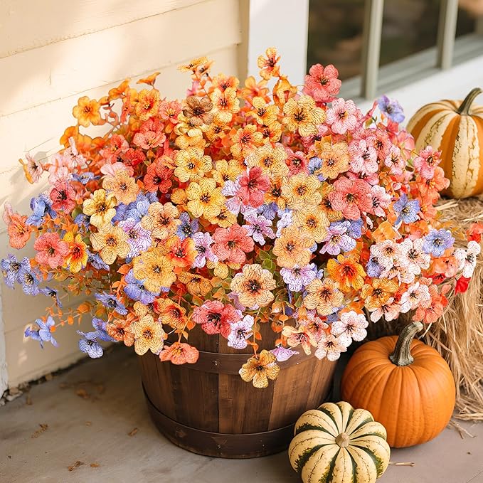 Artificial Fall Flowers Fake Mums for Outdoor Autumn Decoration, 12 Bundles Faux Silk Orange Yellow Mums Daisy Look Real UV Resistant for Outside Home Porch Patio Planter (Fall-6multicolor)