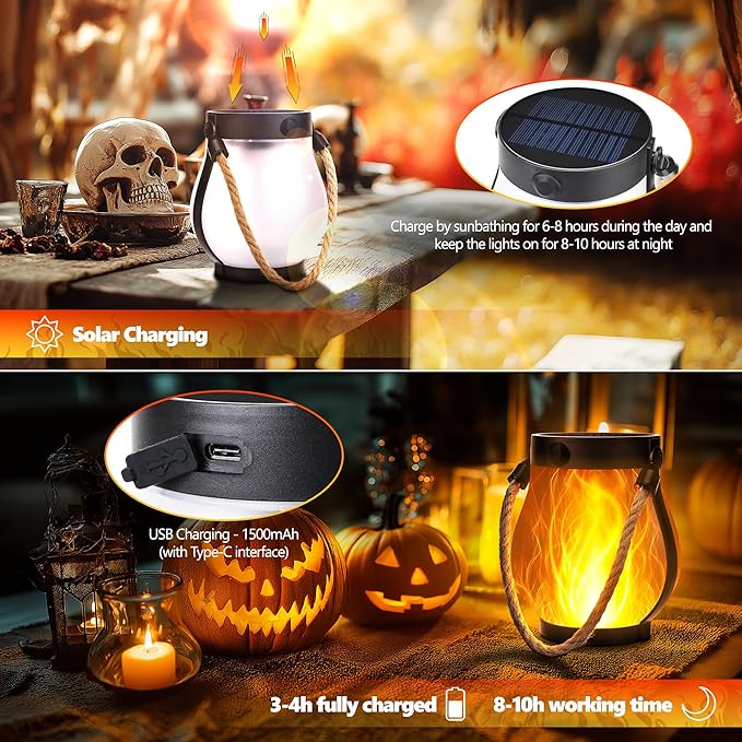 Solar Flame Lantern Hanging Outdoor Waterproof Purple - 2 Pack Flame Lanterns with Dual Charging Modes of Solar & USB for Garden or Yard Decorations (Warm White - 1 Pack)