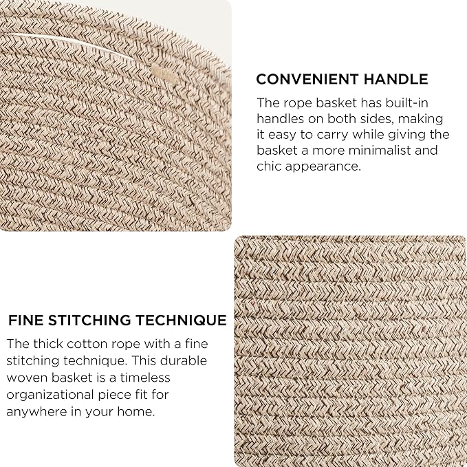 UBBCARE 3-Pack Woven Rope Shelf Baskets - 15x10x9in Decorative Storage Basket for Toys, Kids Playroom, Closet Organization & Cube Storage Organizer | Gift Basket Empty, Light Brown