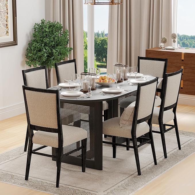 Casaphoria 67" Dining Table for 6, Wood Kitchen Table with Scratch-Resistant Top & Rattan Base, Modern Farmhouse Oval Dining Table for Living Room, Kitchen, Easy Assembly, Black