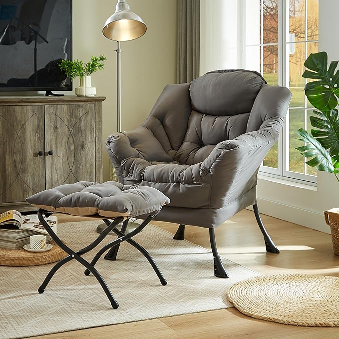 HollyHOME Fabric Lazy Chair with Foldable Ottoman, Accent Comfy Lounge Arm Chair and Folding Footrest Stool Set, Leisure Sofa Reading Chair and Footstool for Living Room, Bedroom, Dorm, Dark Grey