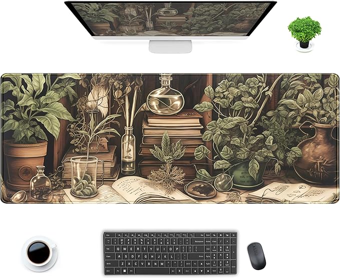 Retro Olive Green Plant XL Large Extended Gaming Mouse Pad Cool Plants Lovers Desk Mat with Stitched Edges, Non-Slip Rubber Base Mousepad, Laptop Computer Keyboard and Mouse Mat 31.5x11.8 in