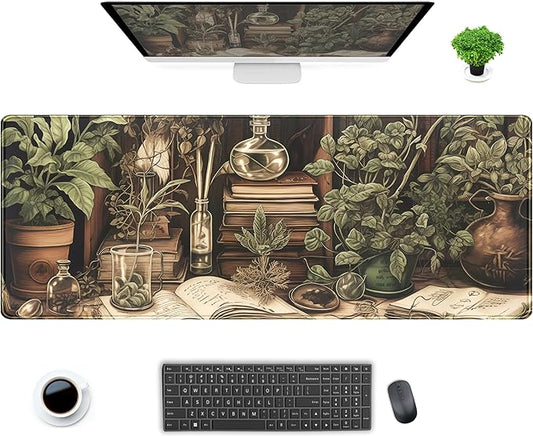 Retro Olive Green Plant XL Large Extended Gaming Mouse Pad Cool Plants Lovers Desk Mat with Stitched Edges, Non-Slip Rubber Base Mousepad, Laptop Computer Keyboard and Mouse Mat 31.5x11.8 in