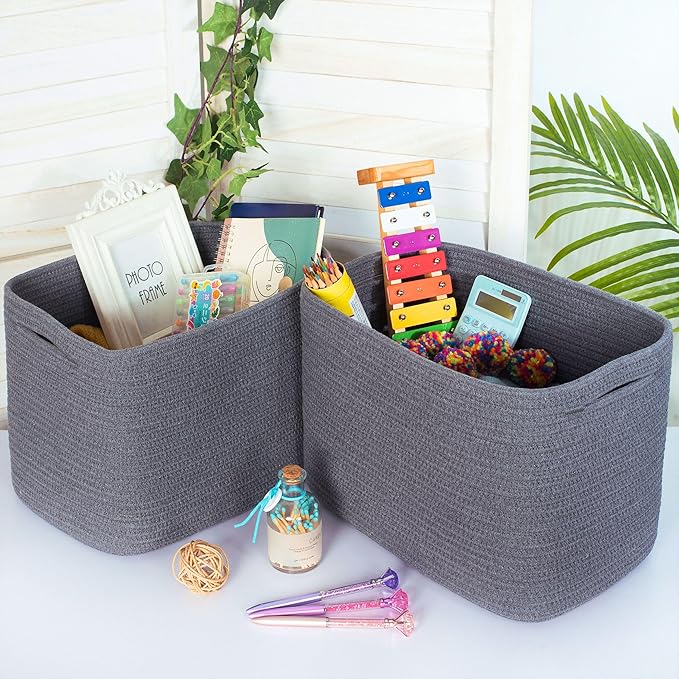 MINTWOOD Design 3-Pack Decorative Woven Storage Baskets for Shelves, Cube Bin Box for Organizing Books, Shoes, Dog Toys, Pantry Closet and Living Room Organizer, Charcoal Gray