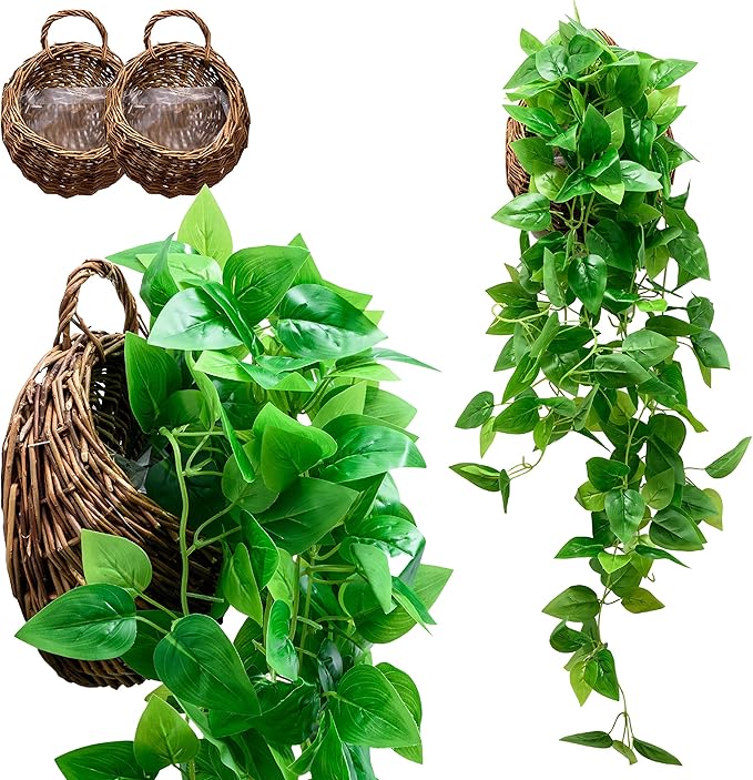 2-Pack Artificial Plants (with Baskets) - Ivy Vines Pothos - Outdoor & Indoor Decorations - Wall Faux Hanging Vine with Fake Leaves