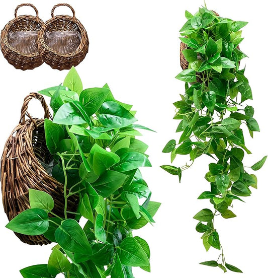 2-Pack Artificial Plants (with Baskets) - Ivy Vines Pothos - Outdoor & Indoor Decorations - Wall Faux Hanging Vine with Fake Leaves