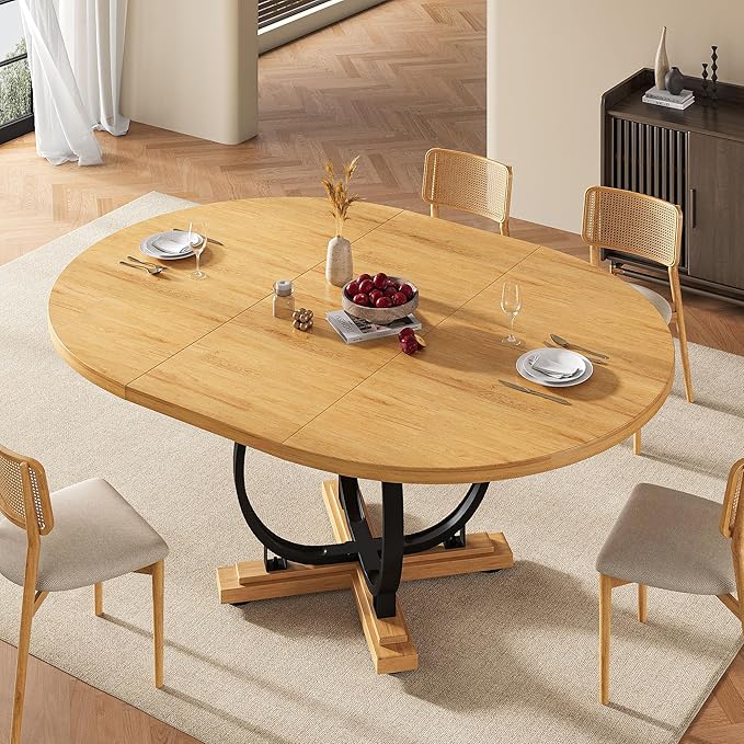 59" Round Extendable Dining Table for 4-6, Modern Oval Kitchen Table with Heavy Duty Curved Legs & Wood X-Based, MDF Board with Spring Buckle, Space Saving, Dining Kitchen Living Room, Oak