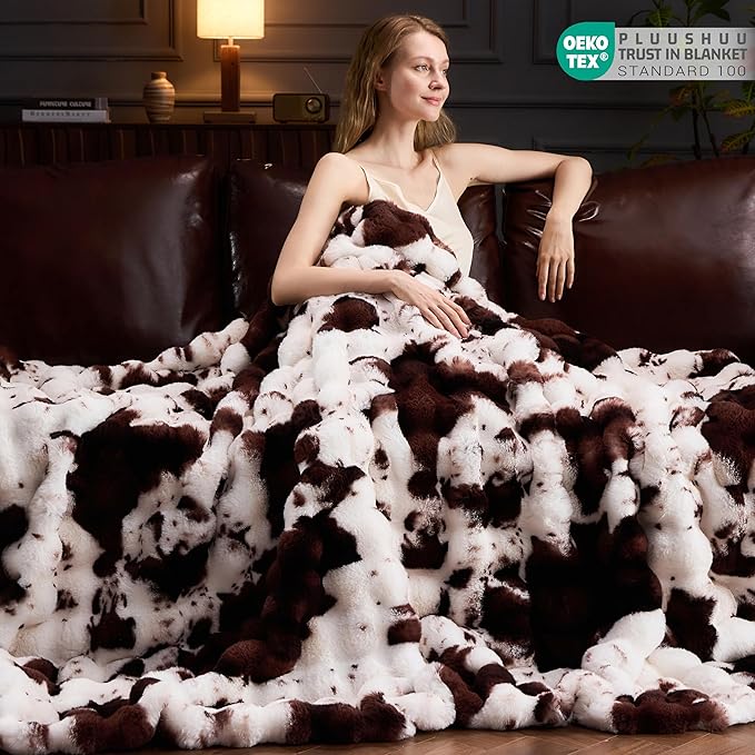 Faux Fur Throw Blanket for Couch, Fluffy Fuzzy Plush Bubble Blanket, Soft Warm Cozy Shaggy Rabbit Blanket, Luxury Decorative Gifts for Sofa Bedroom Living Room, 90x90inch (Cow Print-Brown)