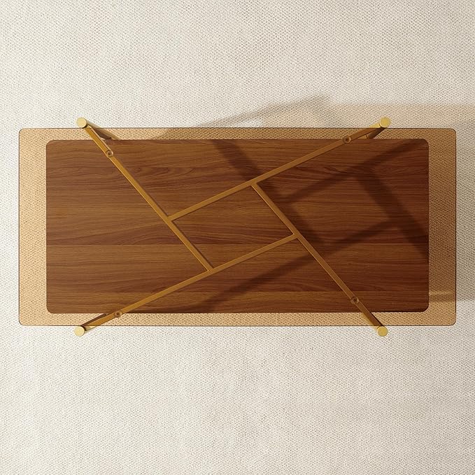 Rectangle Coffee Table, Mid-Century Modern Design, L41*W21*H17 inch, for Living Room, Amber Glass Top and Walnut Finish Wood Shelf, Conical Metal Legs with Gold Finish