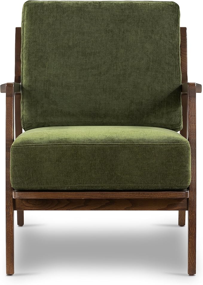 POLY & BARK Verity Fabric Accent Chair – Fabric Armchair with Walnut Wood Frame – Fashion-Forward Lounge Seating for Living Room – Upholstered in Distressed Green Velvet for Modern Style