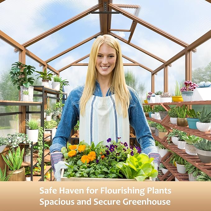 6x8 FT Greenhouse, 6MM Thick Polycarbonate Panel Wooden Walk-in Green House with Adjustable Roof Vents and Lockable Door,Garden Backyard, Patio, Lawn, Brown