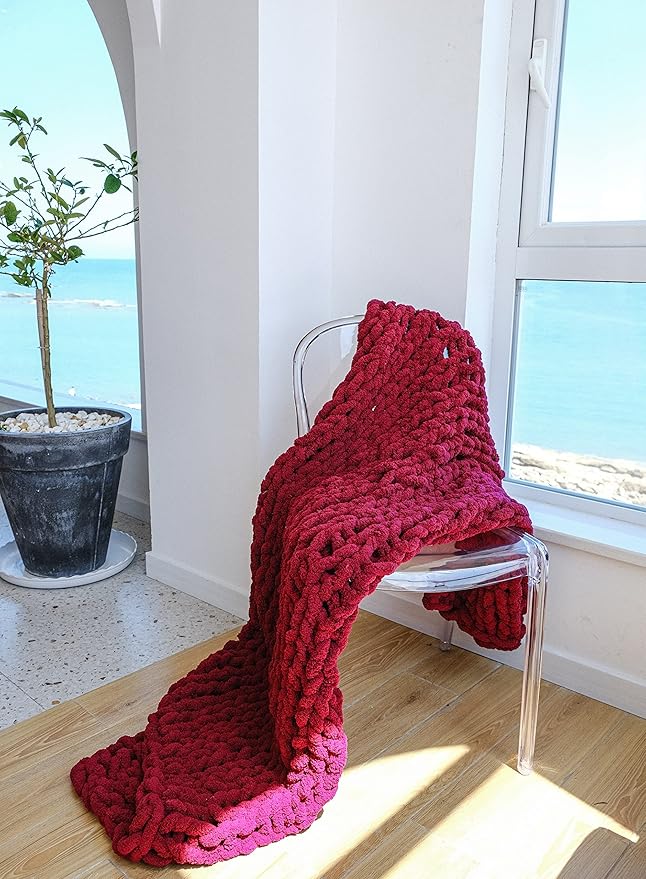 clootess Chunky Knit Blanket Chenille Throw - Warm Soft Cozy for Sofa Bed Boho Home Decor (Red 40x60 in)