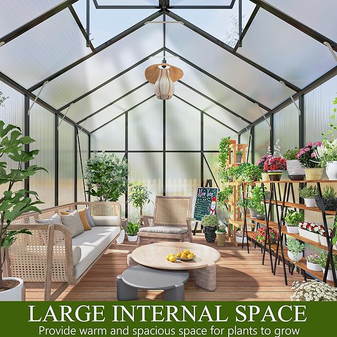 120 * 168 * 104in Greenhouse for Outdoors,Polycarbonate Greenhouse with Stronger Wind Protection and Roof Vent,Walk-in Large Aluminum Sunroom Winter Proof,Black
