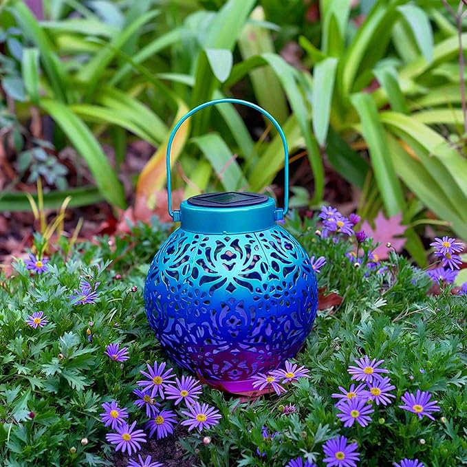 Outdoor Solar Hanging Lantern Lights Metal LED Decorative Lamp for Garden Patio Courtyard Lawn and Table with Hollowed-Out Design (Royal Purple)