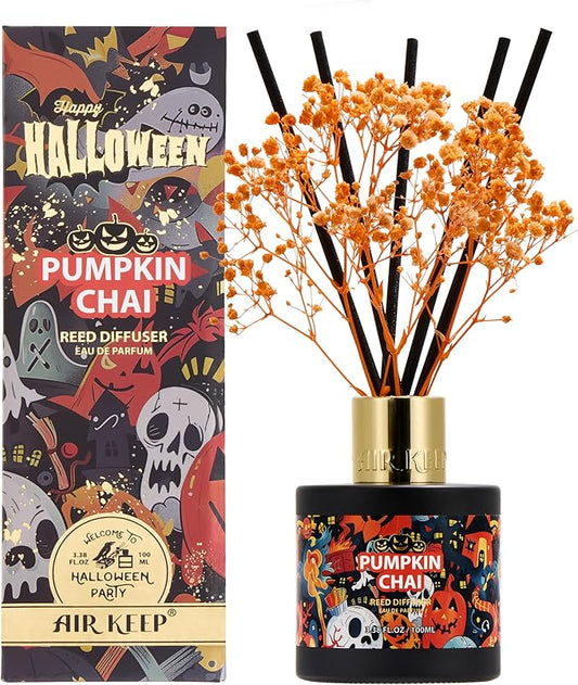 Airkeep Reed Diffuser Set,3.38 fl oz (100 ml) - Pumpkin Chai Oil Diffusers with 8 Reed Sticks, Home Fragrance Reed Diffuser for Bathroom Shelf Decor