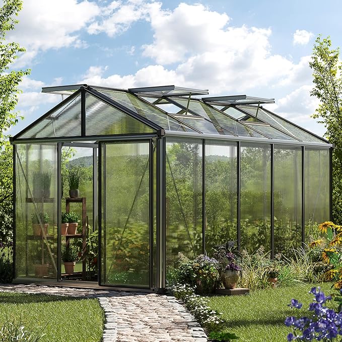 Greenhouse Diamas 23 Premium 7.7 x 12.6 ft with Approx. 16 mm Polycarbonate Panels, Natural Aluminum Color, with 2 Automatic Vent Openers