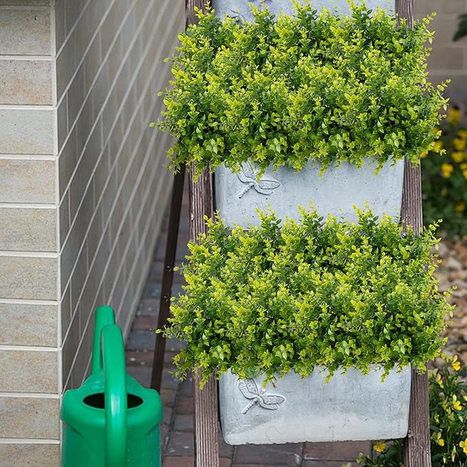 Outdoor Artificial Flowers UV Resistant, 20 Bundles Fake Realistic Floral Greenery Plants for Outside Porch, Window Boxes, Garden, Yard, Inside Home Table Decor, Green