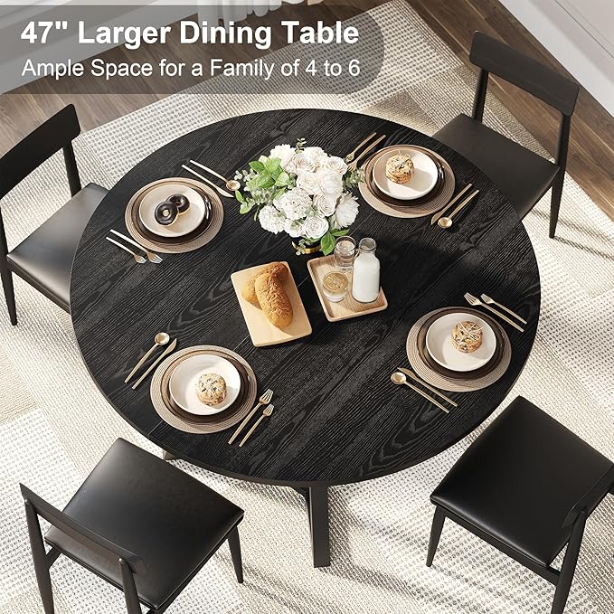 Round Dining Table for 4, Black Kitchen Tables Dining Room Circle Dinner Table with Pedestal Metal Frame, 47 Inch Space Saving Wood Industrial Kitchen & Dining Room Tables
