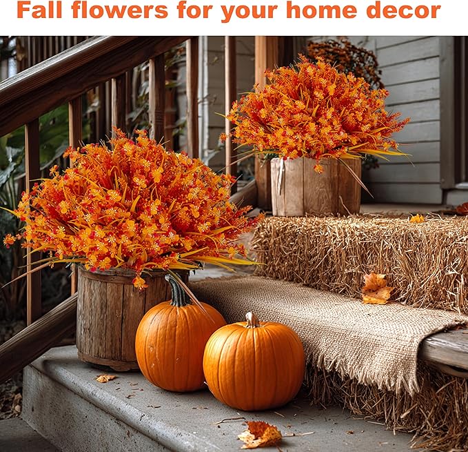 Artificial Fall Flowers Outdoor Fake Mums - 16 Bundles Fake Plants UV Resistant No Fade Faux Plastic Greenery Garden Porch Patio Fall Home Decor (1, OrangeYellow)