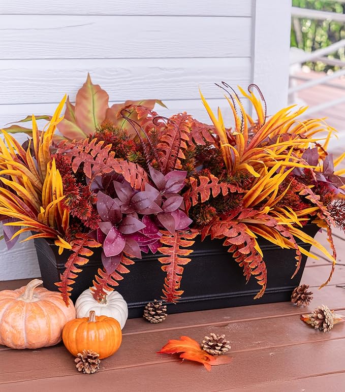 Artificial Fall Plants for Autumn Outdoor Decor Realistic Faux Greenery & Flowers Fake Plastic Leaves with Stems UV Resistant Outside Bushes for Garden Patio and Porch 8Pcs (Fall Color)