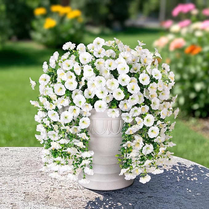 Artificial Faux Hanging Flowers Plants for Outdoor Decor,2 PCS Fake Silk Morning Glory with Eucalyptus UV Resistant Realistic Trailing Vines for Wall Home Porch Patio Balcony Yard Indoor Decor,White