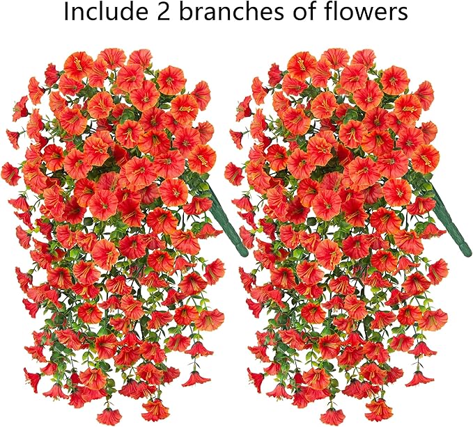 Artificial Faux Fall Hanging Flowers Plants for Outdoor Decor,2 PCS Fake Silk Morning Glory with Eucalyptus UV Resistant Realistic Mums for Wall Home Porch Patio Balcony Yard Indoor Decor, Orange