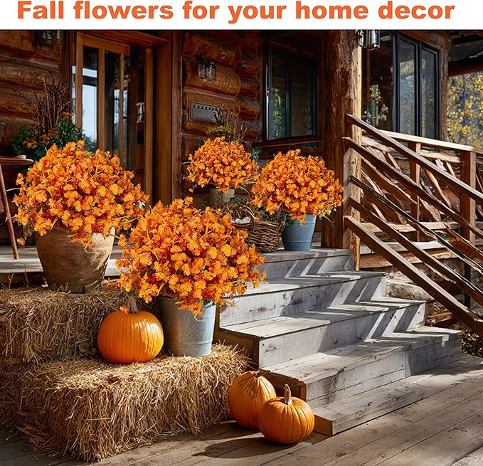 Artificial Mums for Outdoor Fall Flowers - Fake Plants UV Resistant No Fade Faux Plastic Home Decor Garden Porch Patio (1, OrangeMixed)