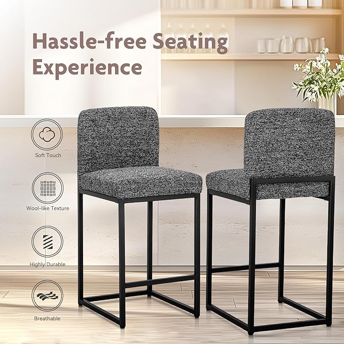 ALPHA HOME 24" Bar Stools Set of 2 Kitchen Counter Stools with Back, Counter Height Stools with Upholstered Footrest for Kitchen Island, Metal Steel Frame, Chenille, Black