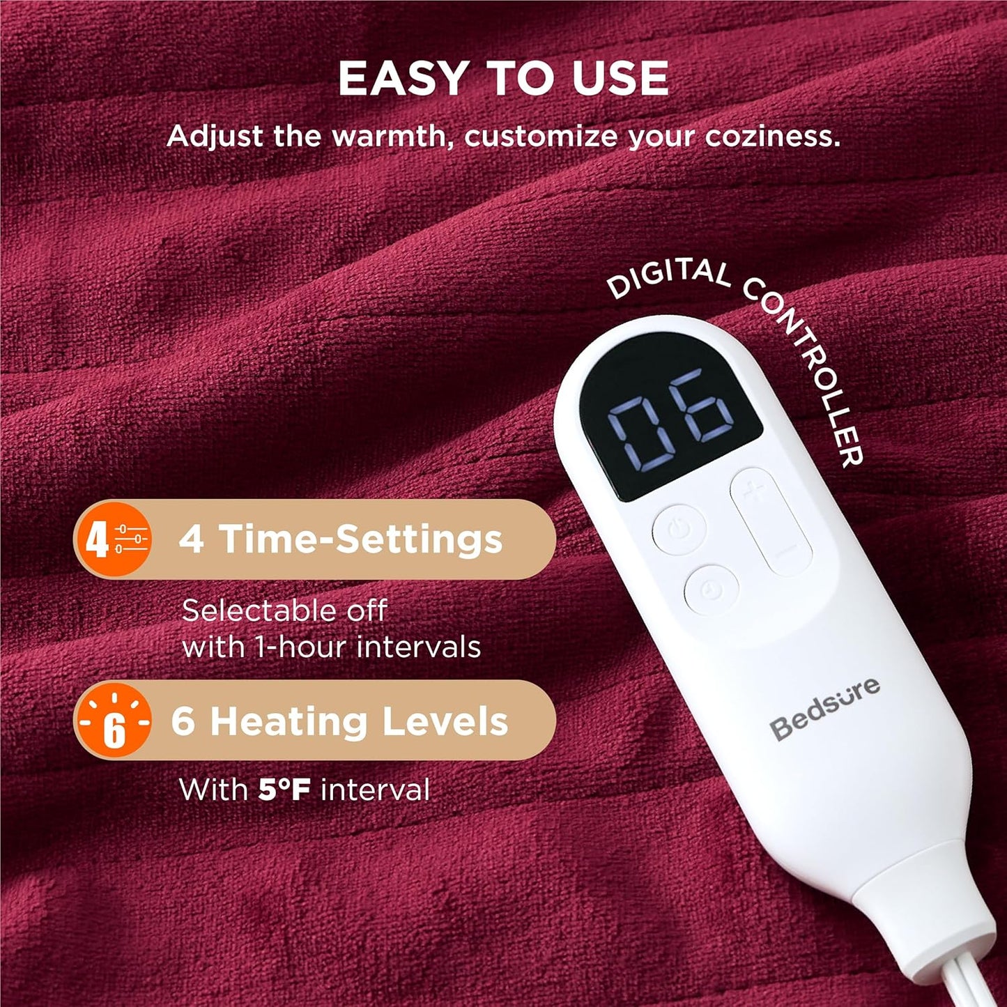 Bedsure Heated Blanket Throw Blanket - Fast Heating Electric Blanket, Soft Flannel Heated Throw with 4 Time Settings, 6 Heating Settings, Warm Gifts for Grandma (50x60 inches, Burgundy)