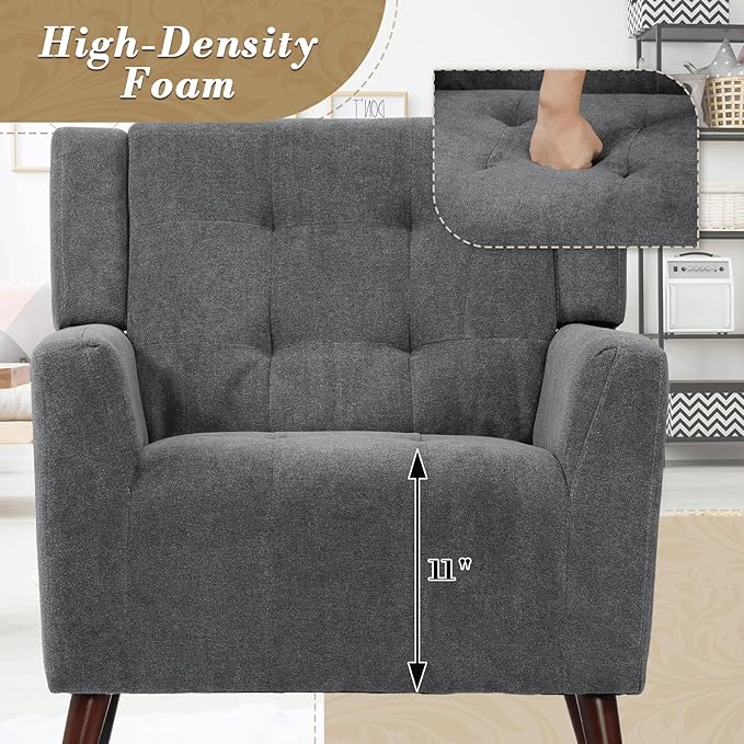 Athena Collection Wingback Accent Chair for Living Room, Comfy Linen Fabric Upholstered Reading Chair for Adults, Single Sofa Armchair for Bedroom, Dorm, Balcony, Dark Grey