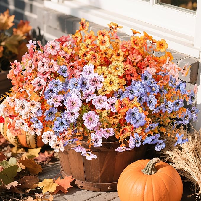 Artificial Fall Flowers Fake Mums for Outdoor Autumn Decoration, 12 Bundles Faux Silk Orange Yellow Mums Daisy Look Real UV Resistant for Outside Home Porch Patio Planter (Fall-6multicolor)