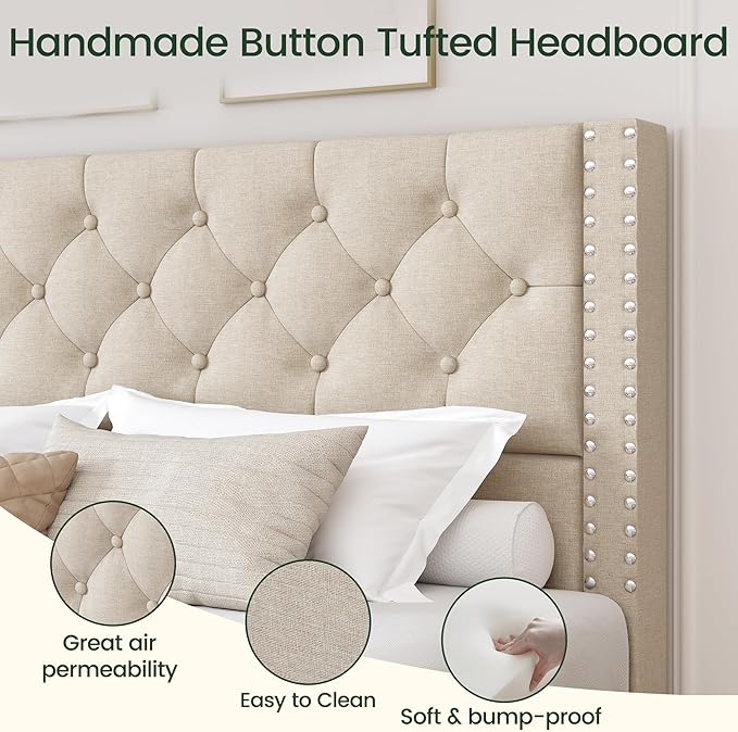 LARMACE Queen Size Bed Frame with 4 Storage Drawers and Tufted Headboard Linen Upholstered Platform Bed Frame with Heavy Duty Wood Slats, No Box Spring Needed, Easy Assembly, Beige