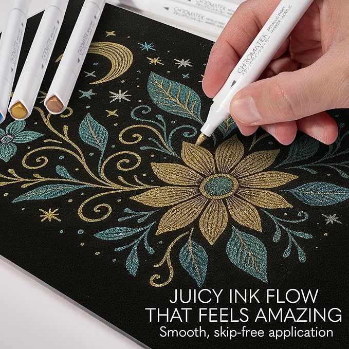 CHROMATEK Dual Tip Metallic Paint Markers - 12 Colors Brush & Chisel Tip Paint Pens for Black Paper, Rock Painting, Scrapbooking, Card Making, Photo Album, Glass, DIY Crafts Art Supplies, Waterproof