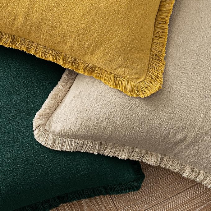 MIULEE Decorative Throw Pillow Covers Neutral Linen Fringe Throw Pillows Set of 2 Beige Boho Farmhouse Cushion Covers with Tassels for Couch Sofa Bed Living Room Spring Home Decor 18x18 Inch