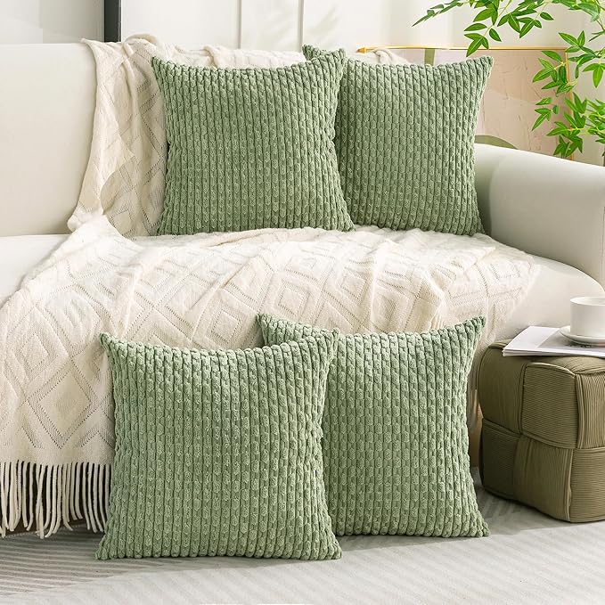 Set of 4 Sage Green Decorative Throw Pillow Covers 20x20 Inch Corduroy Pillow Covers for Bed Couch Sofa Living Room Soft Square Cushion Cases