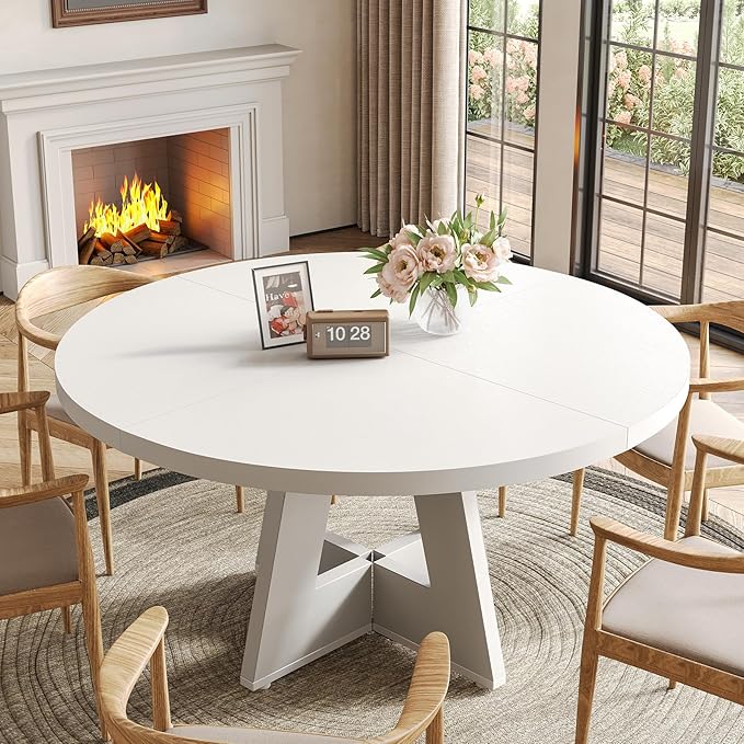 LITTLE TREE Round Dining Table for 4-6 People, 47 Inches White Circle Dinner Kitchen Dining Room Table with Wooden Pedestal Base for Kitchen, Living Room