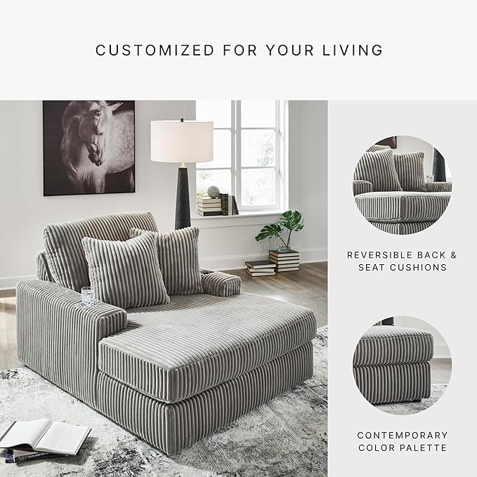 Signature Design by Ashley Lindyn Contemporary Chaise with USB Charging Ports, 2 Cup Holders and Throw Pillows, Gray